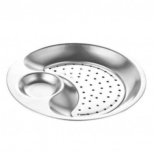 Multifunctional Stainless Steel Plate with Dipping Saucer Round Double-layer Water Oil Draining Tray 28cm - Toytexx Multifunctional Stainless Steel Plate with Dipping Saucer Round Double-layer Water Oil Draining Tray 28cm - Toytexx